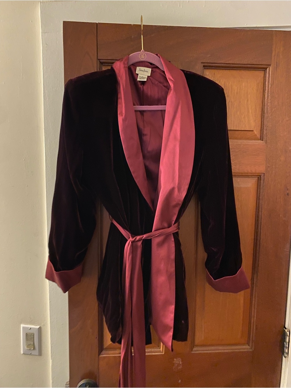 Neiman Marcus Silk Velvet Robe Jacket in Deep Plum with Rose Trim